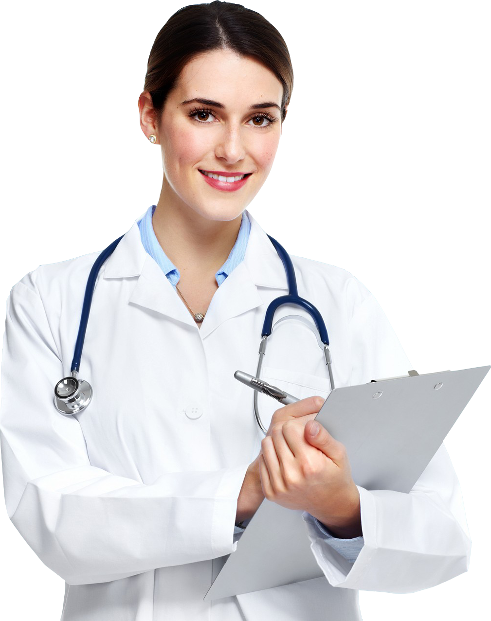 Smiling female doctor in white lab coat holding clipboard with stethoscope on black background