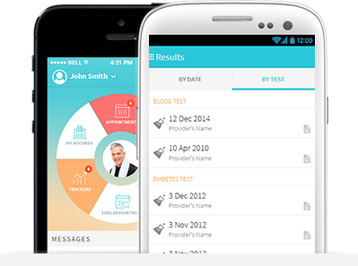 Mobile healthcare app dashboard and results screens on two phones, side-by-side comparison.