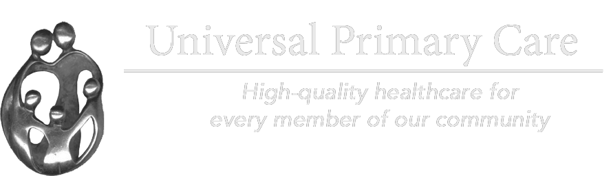 Universal Primary Care Mission Statement Banner With Health Emblem and Community Care Message