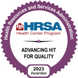 HRSA Health Center Program Quality IT Award 2023 badge logo, Advancing HIT for Quality